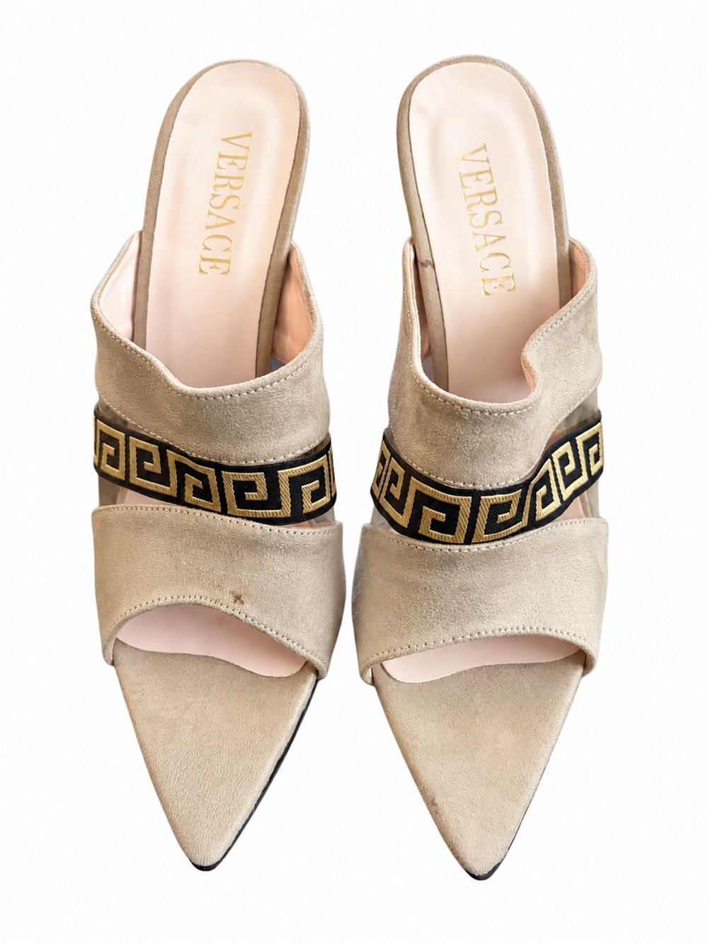 Versace Beige Suede Pointed Mules with Black and Gold Greek Key Band